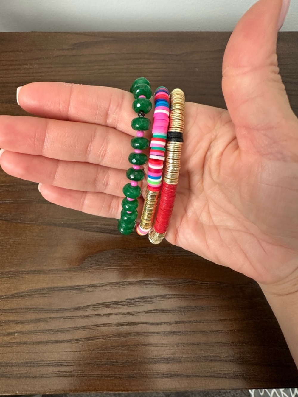 Colorful Beaded Bracelet Stack with Green Faceted Strand